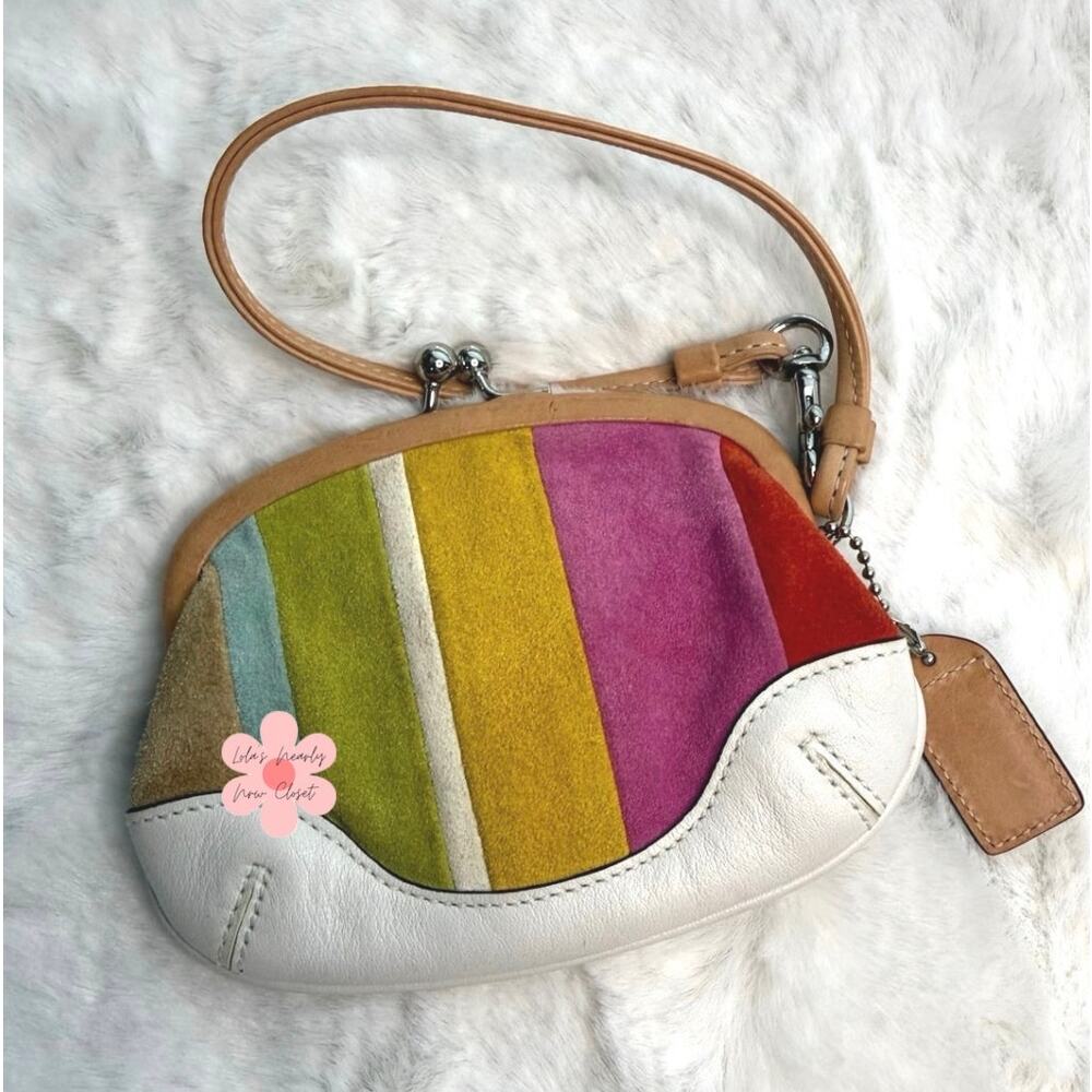 y2k Coach Vintage Striped Kisslock Suede Leather Wristlet - Picture 2 of 6